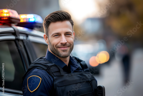 Friendly police officer in tactical uniform leaning against patrol car in an urban environment at dusk