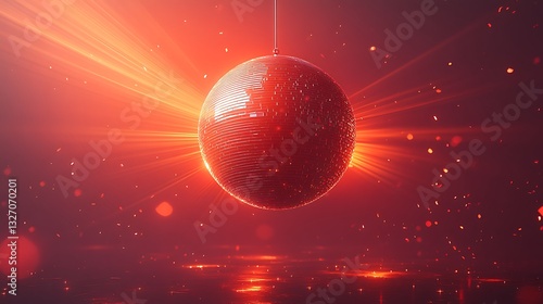 Red disco ball hangs, reflecting light, party background