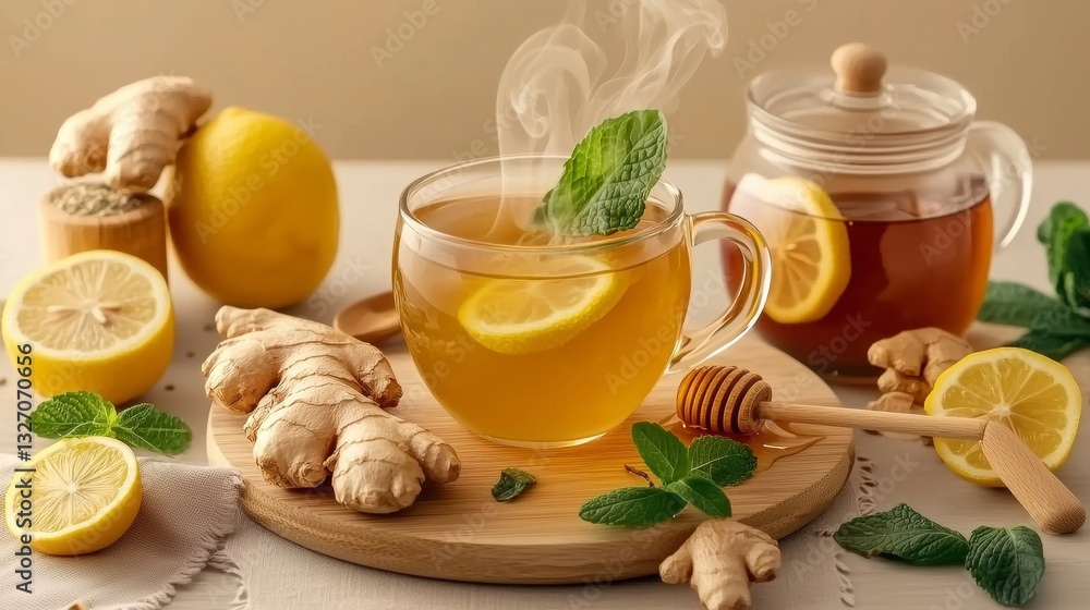 A comforting cup of herbal tea with lemon ginger and honey A comforting cup of herbal tea with lemon ginger and honey