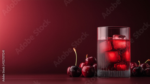 Refreshing cherry drink served over ice with fresh cherries beside it on a dark background
