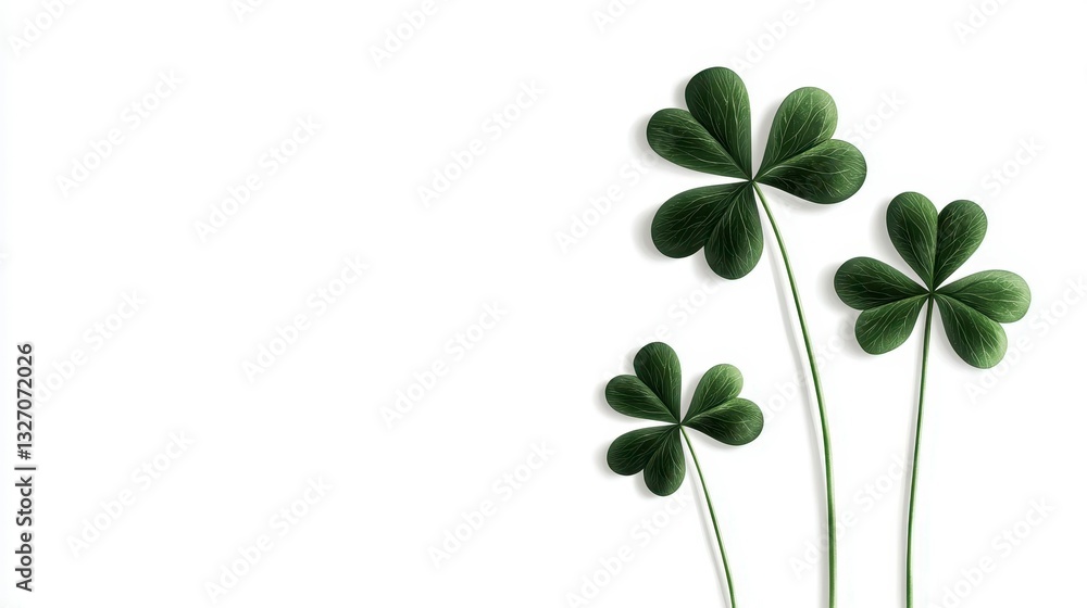 Emerald Green Shamrock Plants on a White Plain Background Symbolizing Irish Culture and Heritage Holiday Emerald Green Shamrock Plants on a White Plain Background Symbolizing Irish Culture and Heritage Holiday