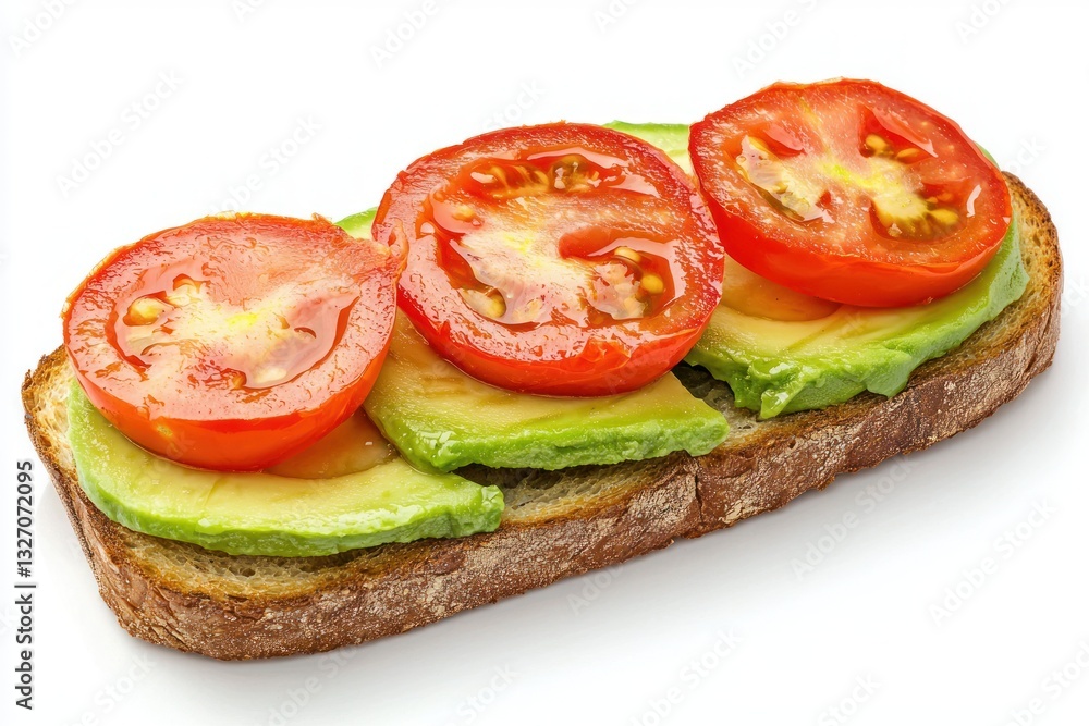 Mouthwatering avocado toast with fresh tomato slices on rustic bread against a stark white background Mouthwatering avocado toast with fresh tomato slices on rustic bread against a stark white background