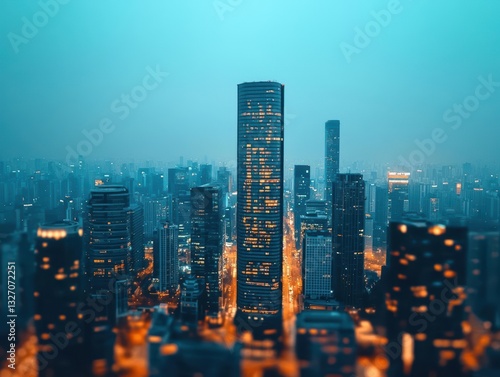 Cinematic aerial shot of a metropolis, deep blue night sky contrasting with the warm city glow