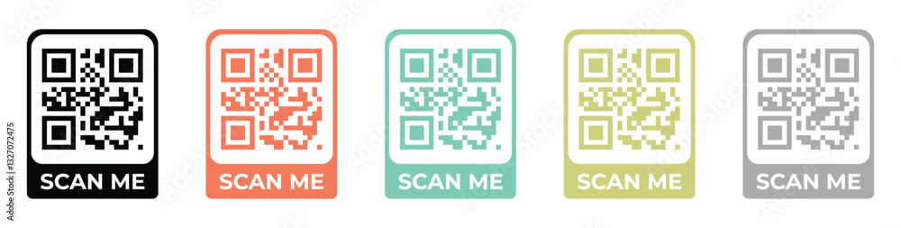 Colorful QR Code Icons with Scan Me Text. Digital Payment, Contactless Access, Website Link, and Mobile App Scanning Colorful QR Code Icons with Scan Me Text. Digital Payment, Contactless Access, Website Link, and Mobile App Scanning