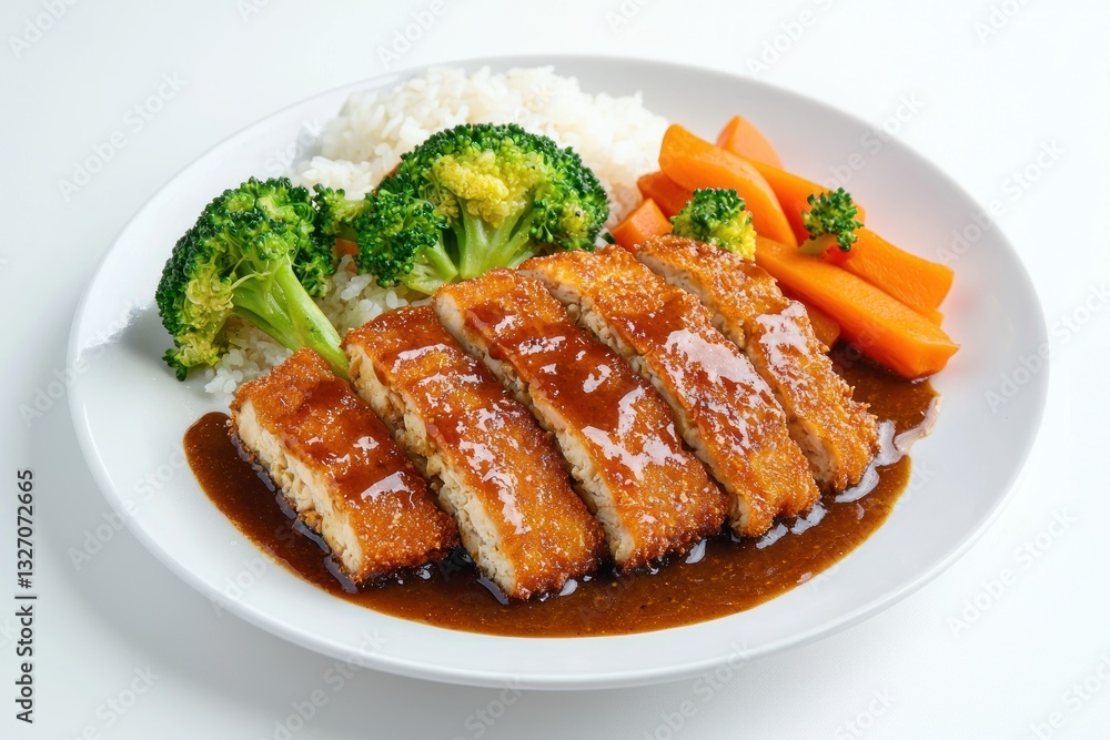 Delicious Tonkatsu Japanese Pork Cutlet Set Meal Presentation with rice vegetables on white plate Delicious Tonkatsu Japanese Pork Cutlet Set Meal Presentation with rice vegetables on white plate