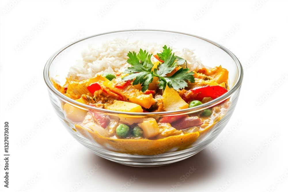 Delicious vegetarian curry dish with rice in clear bowl on white background studio shot closeup Delicious vegetarian curry dish with rice in clear bowl on white background studio shot closeup