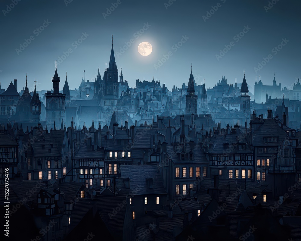 Obraz premium Old European city at night, gothic rooftops glowing under the soft moonlight, mysterious and majestic