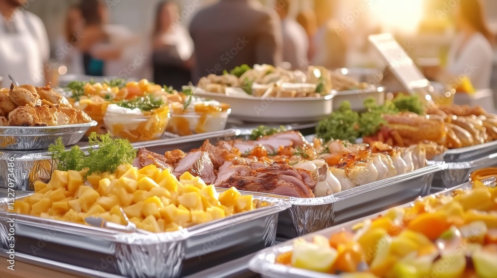 Obraz premium A festive indoor gathering with a rich catering buffet spread