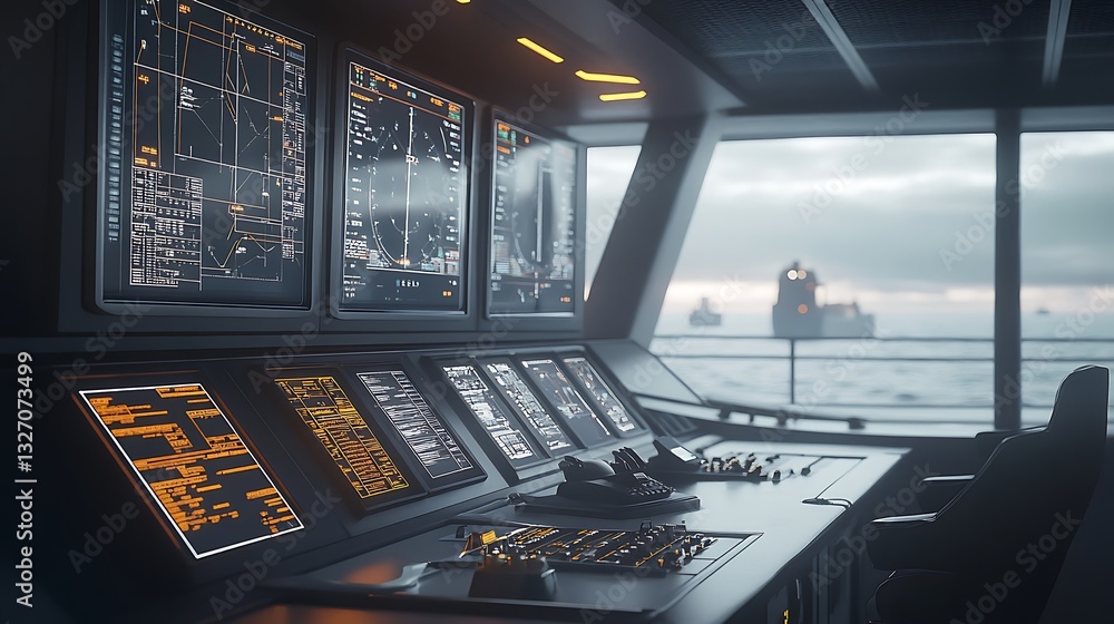 Obraz premium Navigating Ocean Waters Control Panel on Modern Ship Bridge