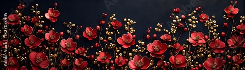 Sophisticated Crimson and Gold Thai Pattern Background with Subtle Glowing Accents