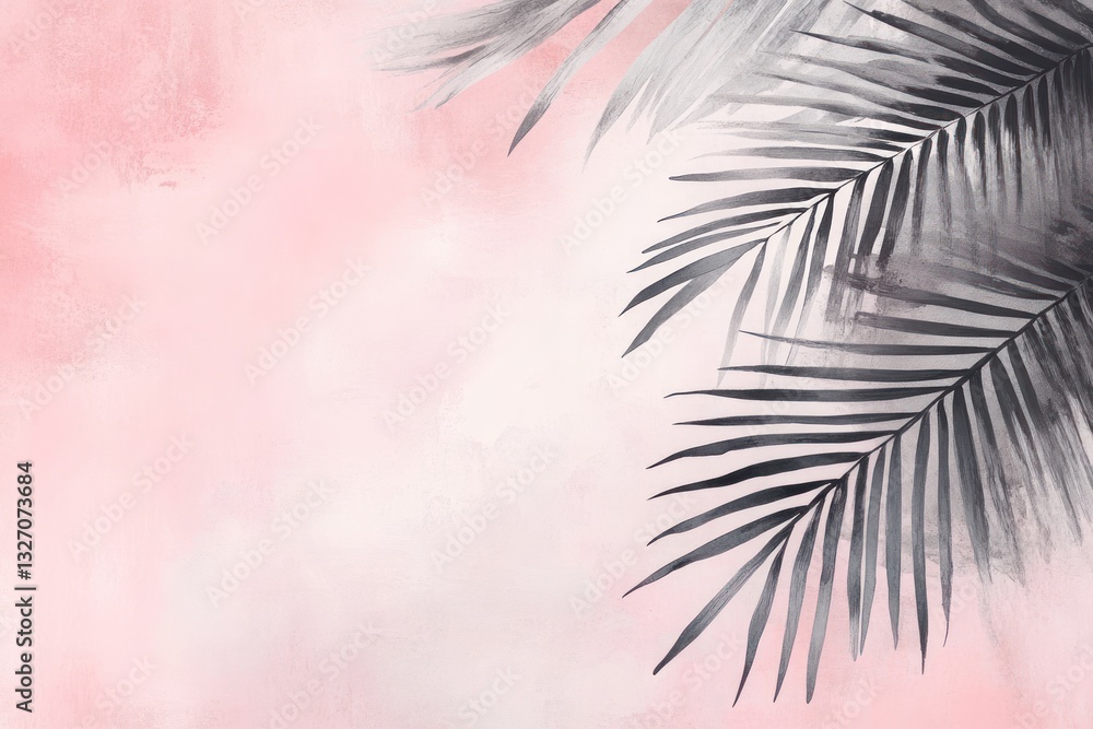 Fototapeta premium Pink watercolor background, palm leaves, corner design, summer vibe, website banner