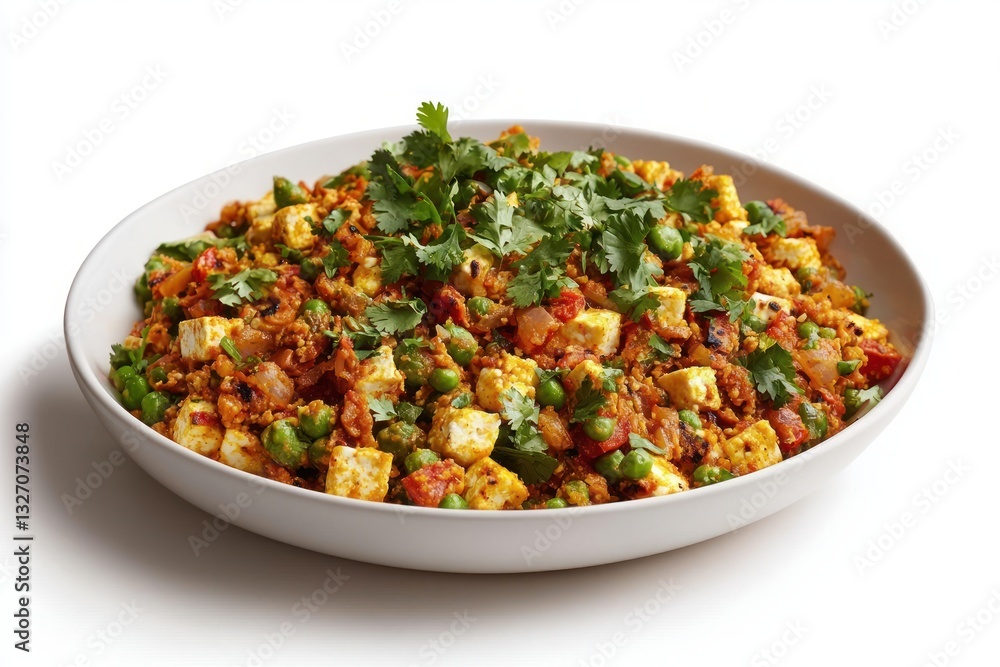 Delicious matara paneer dish presentation with indian cuisine in a white bowl and studio bright light with vibrant colors Delicious matara paneer dish presentation with indian cuisine in a white bowl and studio bright light with vibrant colors