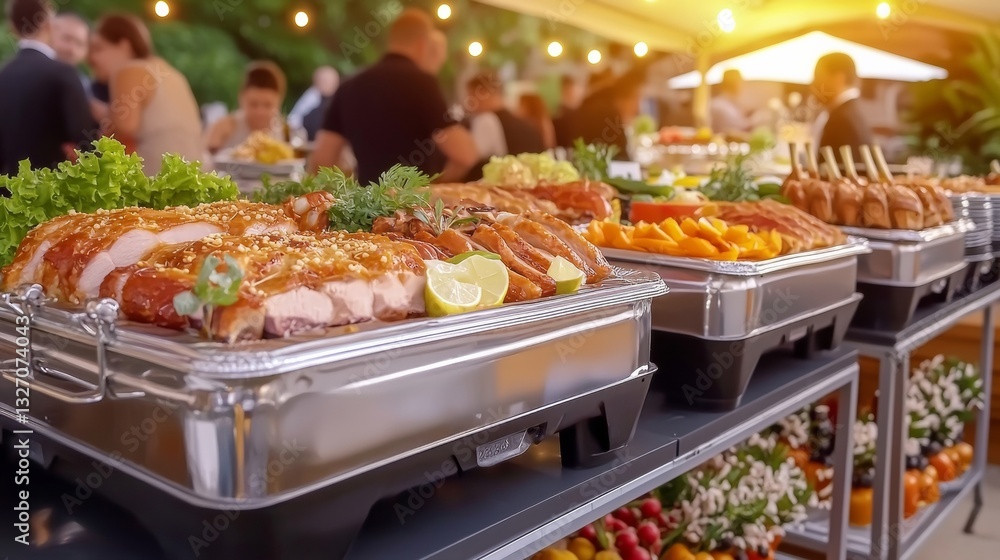 Fototapeta premium Gourmet catering setup featuring beautifully plated meats and vibrant side dishes