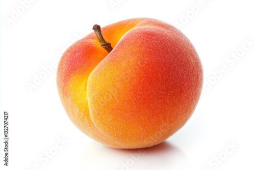 Single apricot with orange skin showcasing fuzzy texture on white table for advertising fresh produce idea