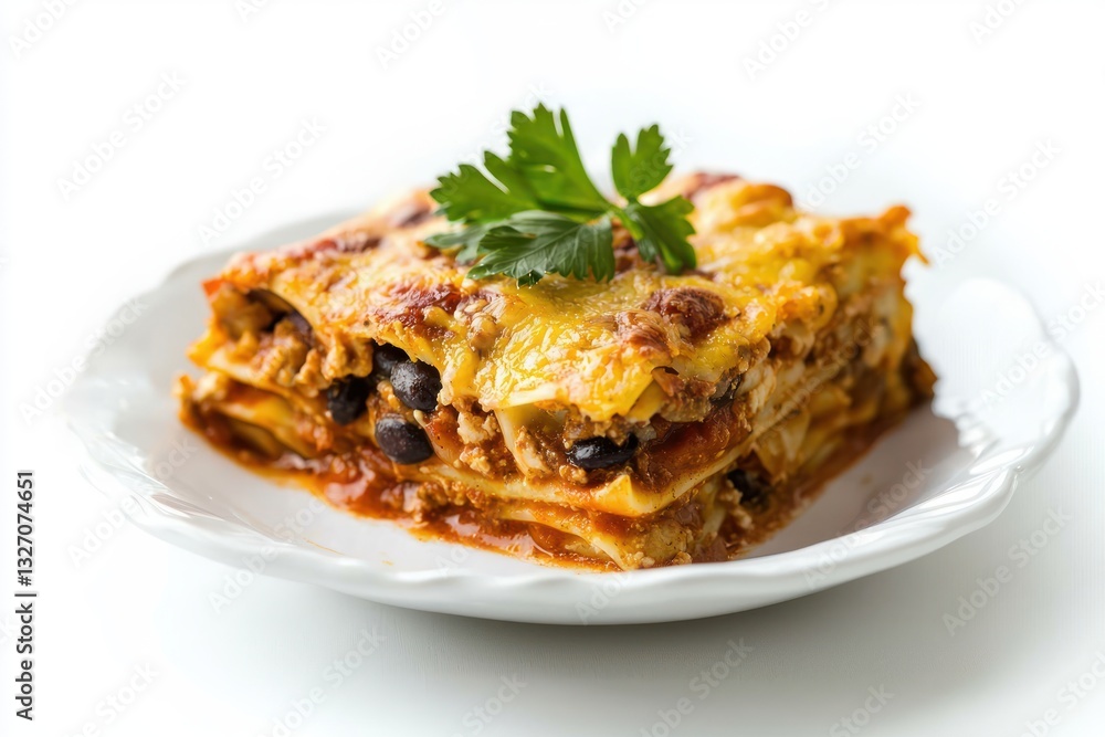 Appetizing stacked casserole dish on white plate savory meal with rich texture culinary delight Appetizing stacked casserole dish on white plate savory meal with rich texture culinary delight