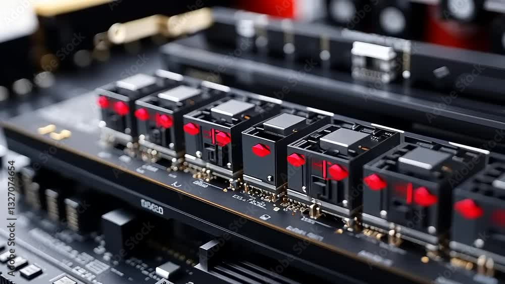 Close-up view of a high-performance computer motherboard showcasing advanced components and circuitry Close-up view of a high-performance computer motherboard showcasing advanced components and circuitry