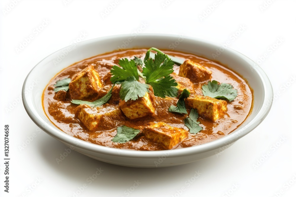 Appetizing Homemade Paneer Butter Masala in White Bowl Isolated Featuring Cubes Cheese and Green Cilantro Appetizing Homemade Paneer Butter Masala in White Bowl Isolated Featuring Cubes Cheese and Green Cilantro