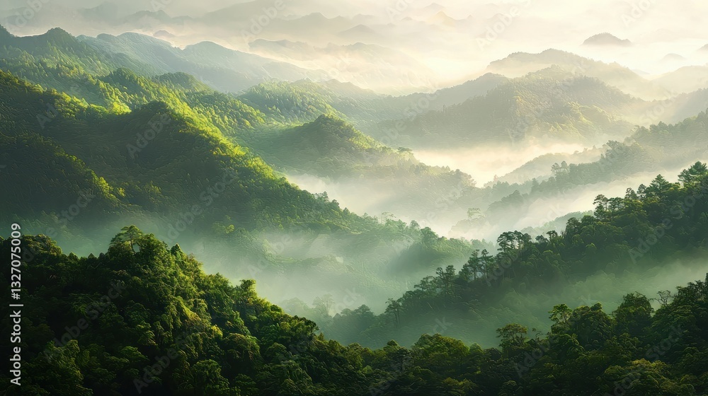 Fototapeta premium Misty Mountain Majesty: A Serene Sunrise in Verdant Hills