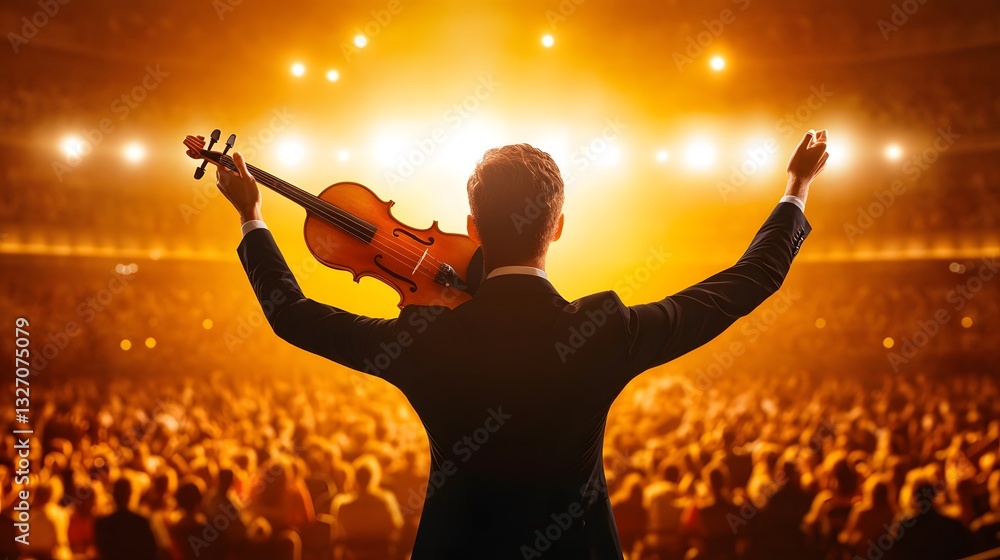 Fototapeta premium A Violinist's Crescendo: A silhouette of a violinist, radiating musical passion as he captivates the audience in a concert hall. Embracing the moment with the instrument.