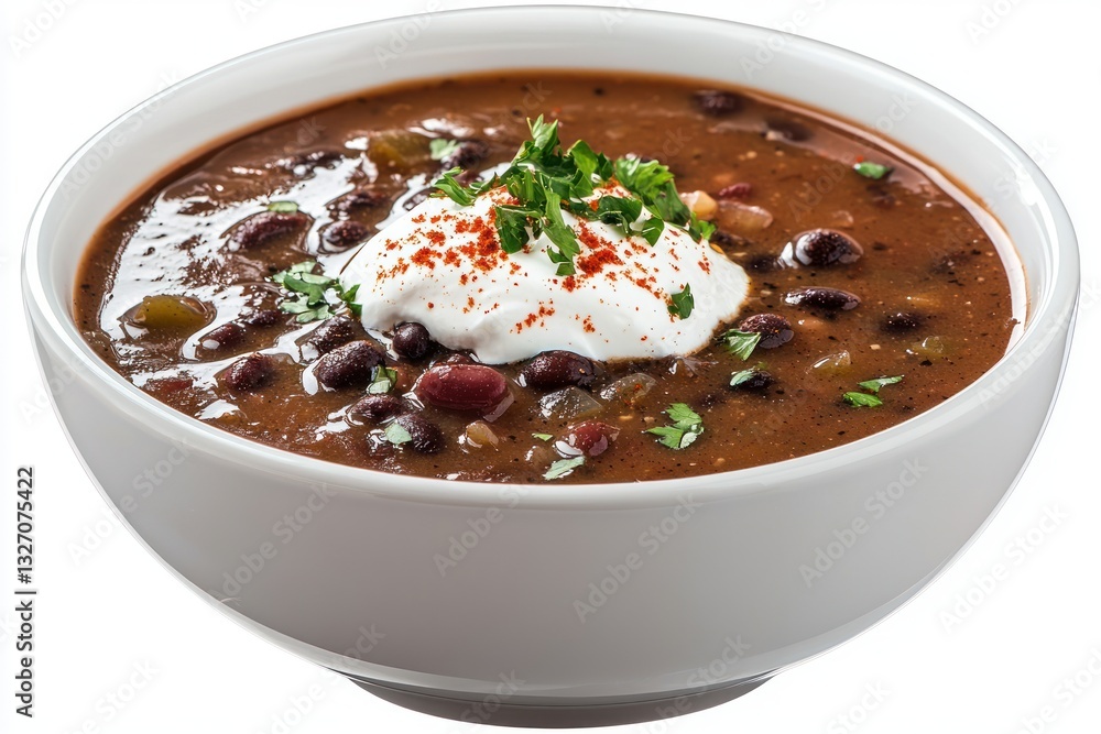 Authentic homemade black bean soup delight topped with fresh cream and parsley on a white bowl Authentic homemade black bean soup delight topped with fresh cream and parsley on a white bowl