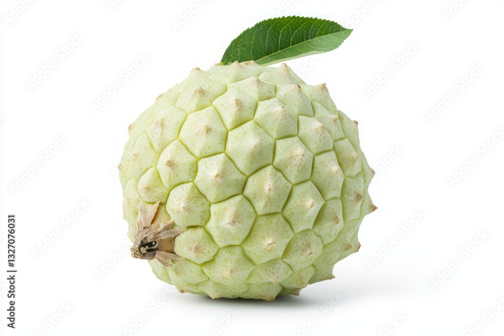 Single cherimoya with leaf on white background studio shot capturing vibrant color delicious tropical fruit Single cherimoya with leaf on white background studio shot capturing vibrant color delicious tropical fruit