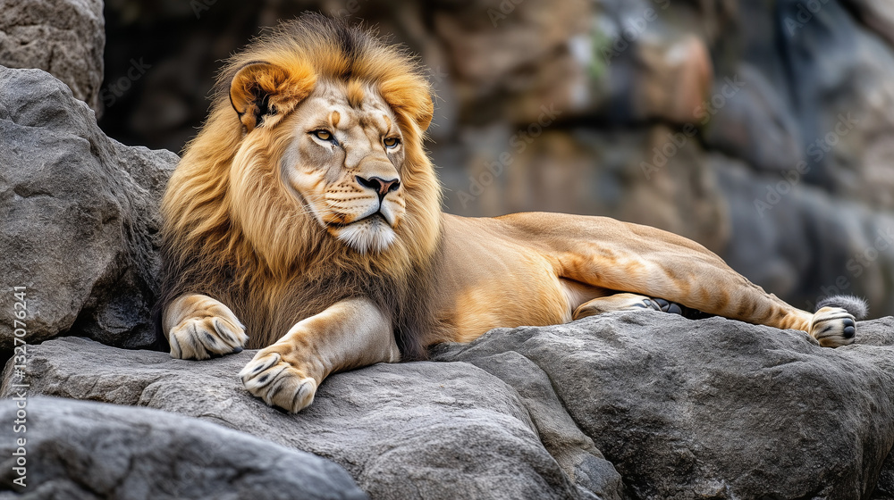 Naklejka premium Majestic lion resting on rocks, showcasing its impressive mane in a natural setting with a calm expression and copy space