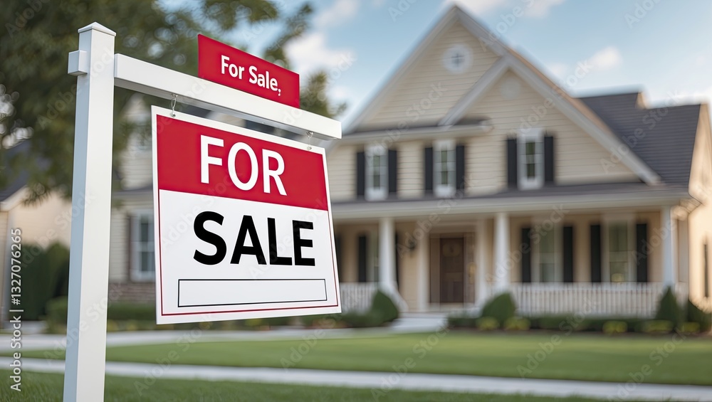 A charming suburban home with a classic design, featuring a 'For Sale' sign prominently displayed on the front lawn, surrounded by lush greenery and A charming suburban home with a classic design, featuring a 'For Sale' sign prominently displayed on the front lawn, surrounded by lush greenery and