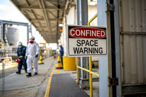 Fototapeta Naklejka Na Ścianę i Meble -  A safety sign warns of confined space hazards, with workers in protective gear walking nearby in an industrial setting.