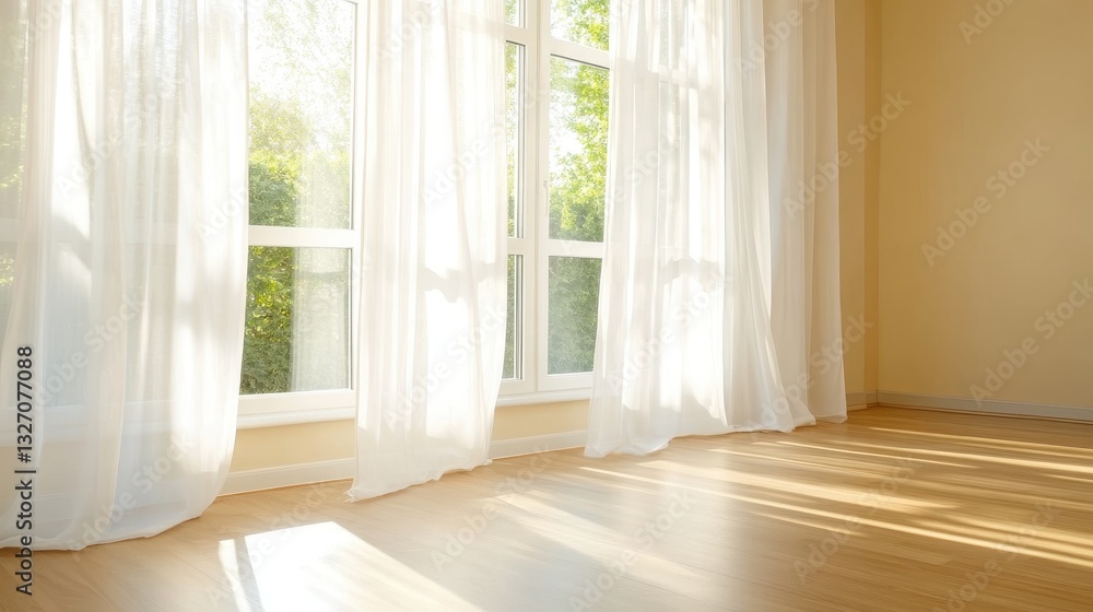 Fototapeta premium Room Filled With Soft Sunlight And Sheer Curtains