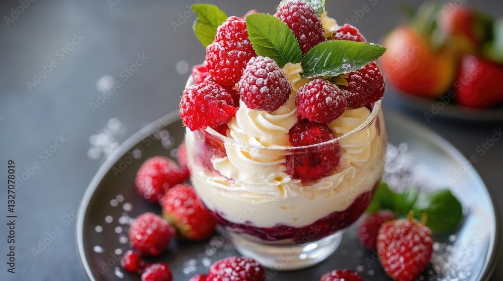 A sweet treat featuring whipped cream, raspberries, and mint leaves A sweet treat featuring whipped cream, raspberries, and mint leaves