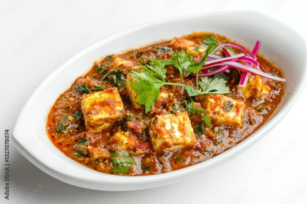 Authentic Shahi Paneer Delight in White Bowl with Tomato Based Gravy and Herbs Garnish on Bright White Authentic Shahi Paneer Delight in White Bowl with Tomato Based Gravy and Herbs Garnish on Bright White
