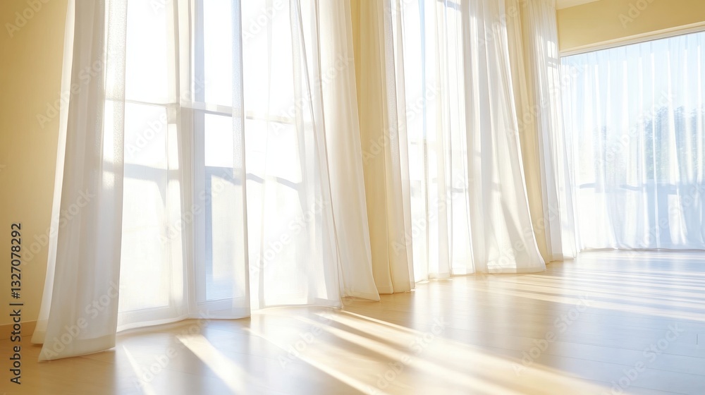 Fototapeta premium Spacious Sunlit Room With Sheer Curtains And Wood Floors