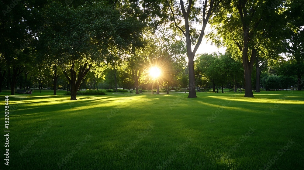 Obraz premium Radiant sunlight streaming through trees in a serene park with lush green grass : Generative AI