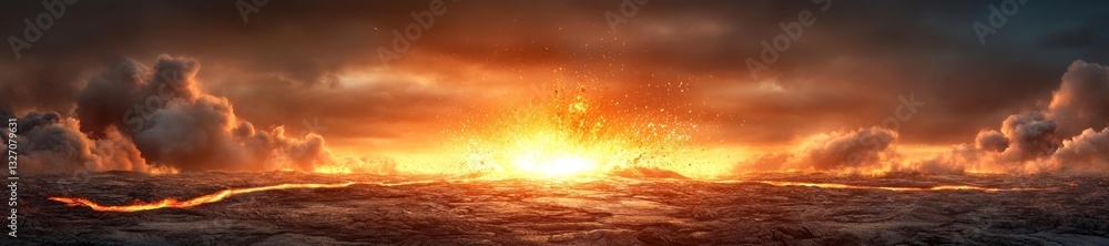 Volcanic Landscape with Lava Eruption and Fiery Clouds. Generative AI Volcanic Landscape with Lava Eruption and Fiery Clouds. Generative AI