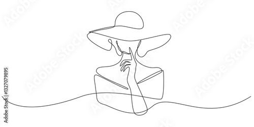 one continuous line drawing of beautiful woman with big hat.one line drawing of noble woman's dress style.single line vector illustration.isolated on white background