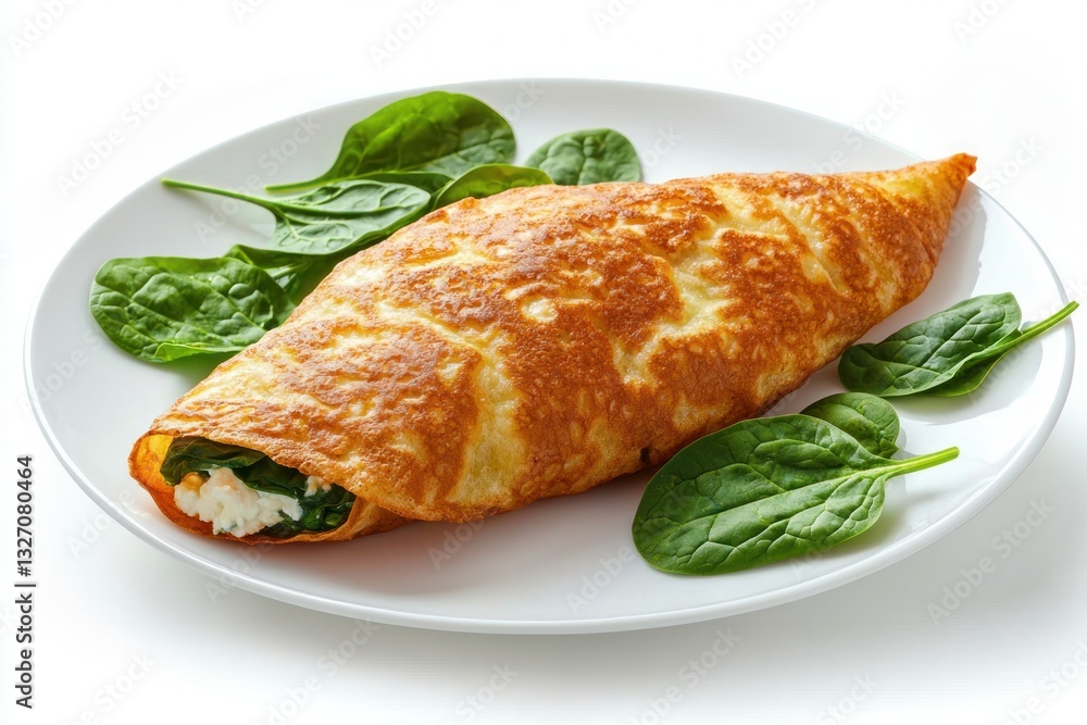 Tasty omelette with cheese and spinach on plate in bright studio light capturing savory meal crisp texture Tasty omelette with cheese and spinach on plate in bright studio light capturing savory meal crisp texture