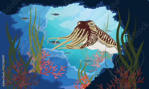 A common cuttlefish swims into a dark underwater grotto with algae and corals. Realistic vector landscape
