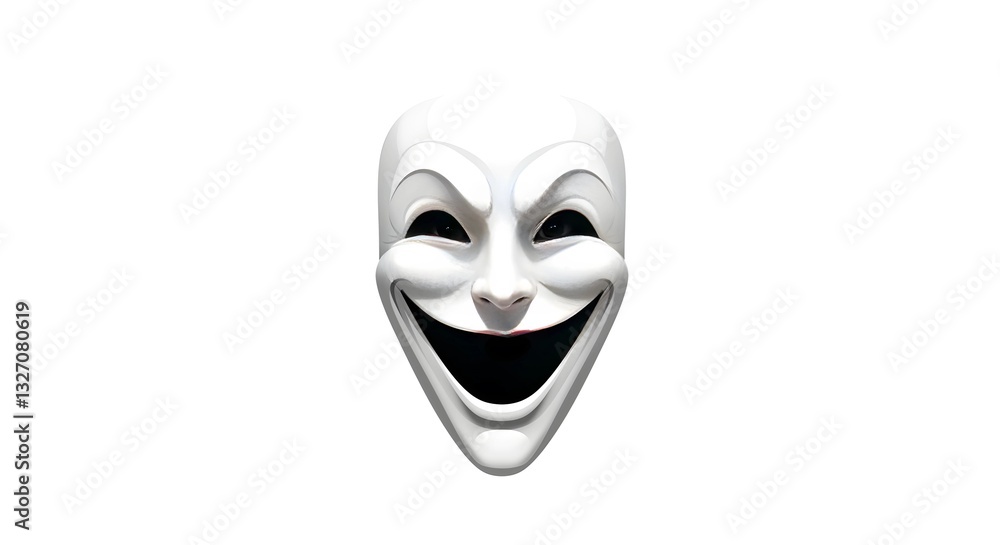 Creepy White Mask with Smiling Face Expression Against a Plain Background Creepy White Mask with Smiling Face Expression Against a Plain Background