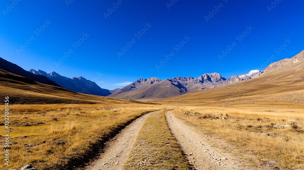 Serene dirt road winding through a vast mountain landscape under a clear blue sky : Generative AI Serene dirt road winding through a vast mountain landscape under a clear blue sky : Generative AI