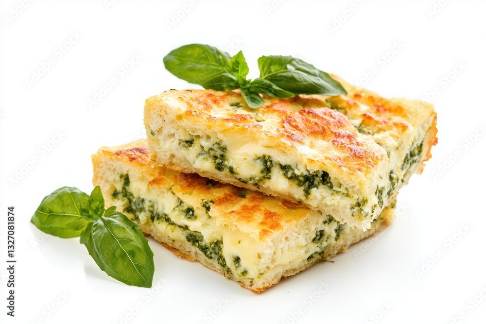 Tasty savory pie with green spinach and fresh basil on clean white background culinary deliciousness Tasty savory pie with green spinach and fresh basil on clean white background culinary deliciousness