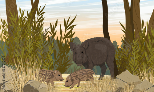 Wild boar and two piglets walk in summer forest. Realistic vector landscape