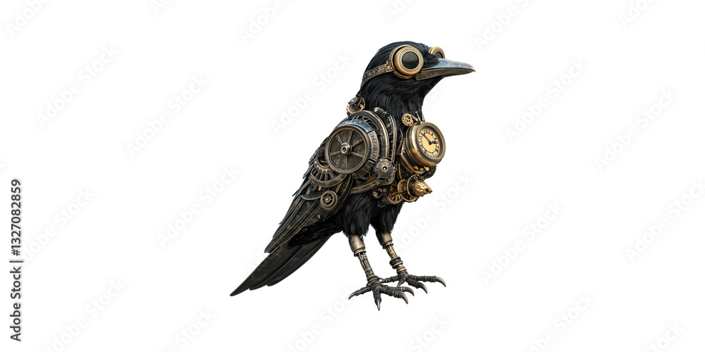 Fototapeta premium Steampunk Mechanical Crow With Gears And Clock Elements Isolated On Transparent Background