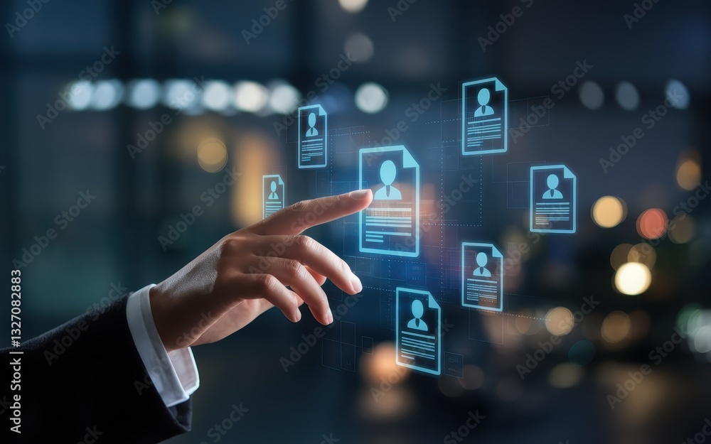 Digital Recruitment: A Hand Interacts with a Holographic Interface Showing Candidate Profiles Digital Recruitment: A Hand Interacts with a Holographic Interface Showing Candidate Profiles