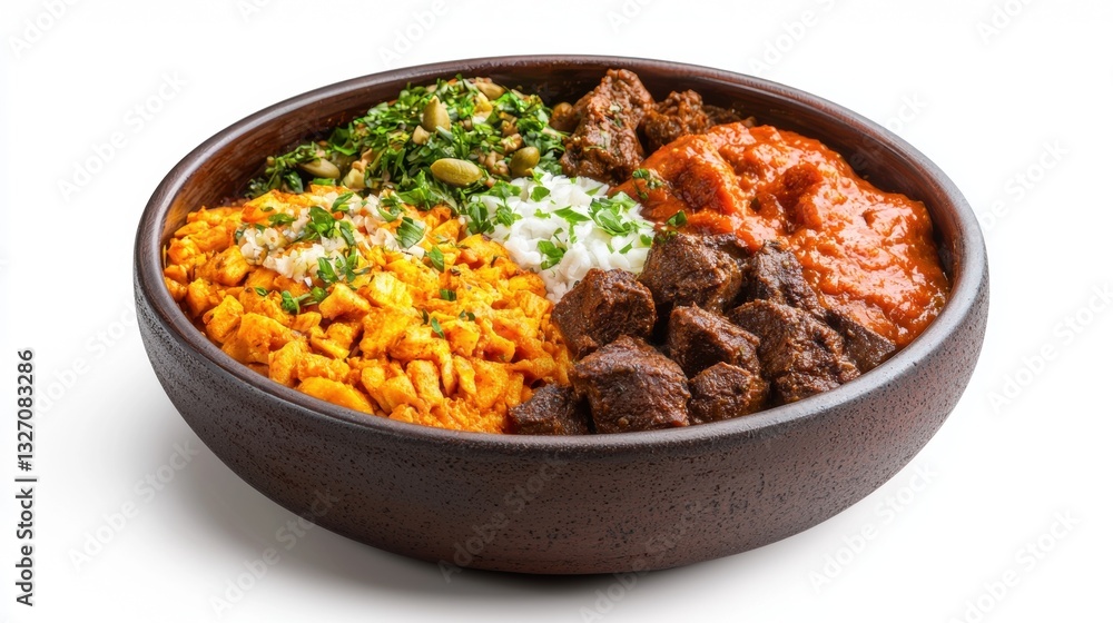 Colorful african cuisine in wooden bowl: traditional dishes with meat, vegetables, and plantains Colorful african cuisine in wooden bowl: traditional dishes with meat, vegetables, and plantains