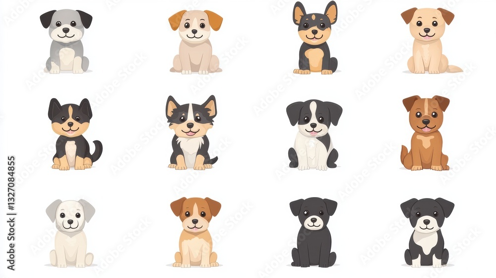 Obraz premium Adorable cartoon puppies in a grid pattern with various breeds and colors