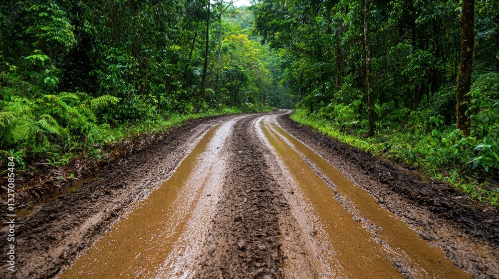 Muddy jungle path through lush green forest in rainy season Muddy jungle path through lush green forest in rainy season