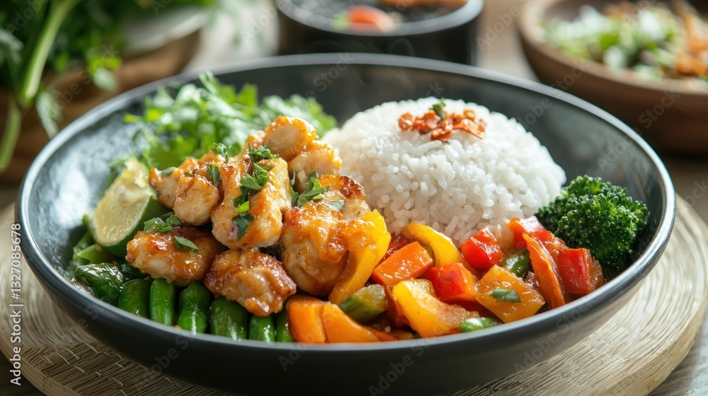 A balanced meal with rice, vegetables, and chicken, highlighting a healthy carbohydrate-based meal. A balanced meal with rice, vegetables, and chicken, highlighting a healthy carbohydrate-based meal.
