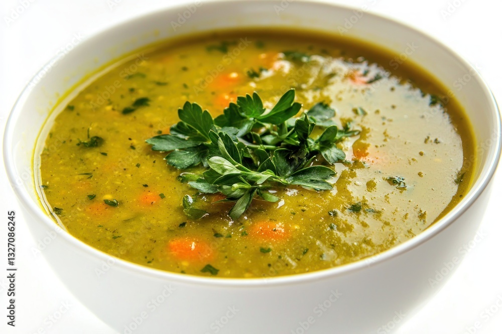 Delicious vegetable soup with fresh herbs in a white bowl against bright background healthy meal vegetarian cuisine Delicious vegetable soup with fresh herbs in a white bowl against bright background healthy meal vegetarian cuisine