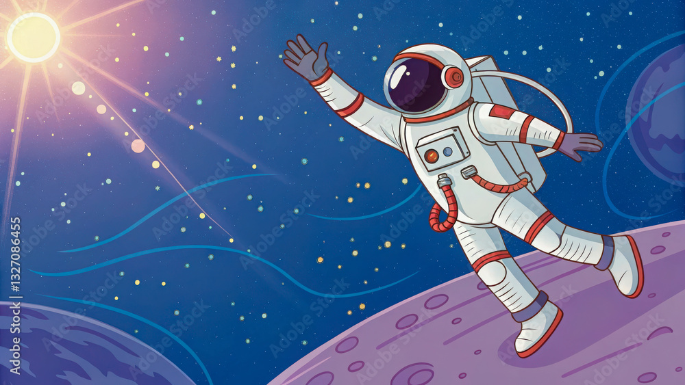 Naklejka premium Cartoon Astronaut Floating and waving in Space Near a Planet and Sun – Cosmic Adventure Illustration