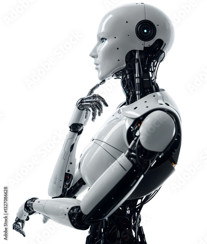White robot stands in a thoughtful pose. Concept of artificial intelligence development.
